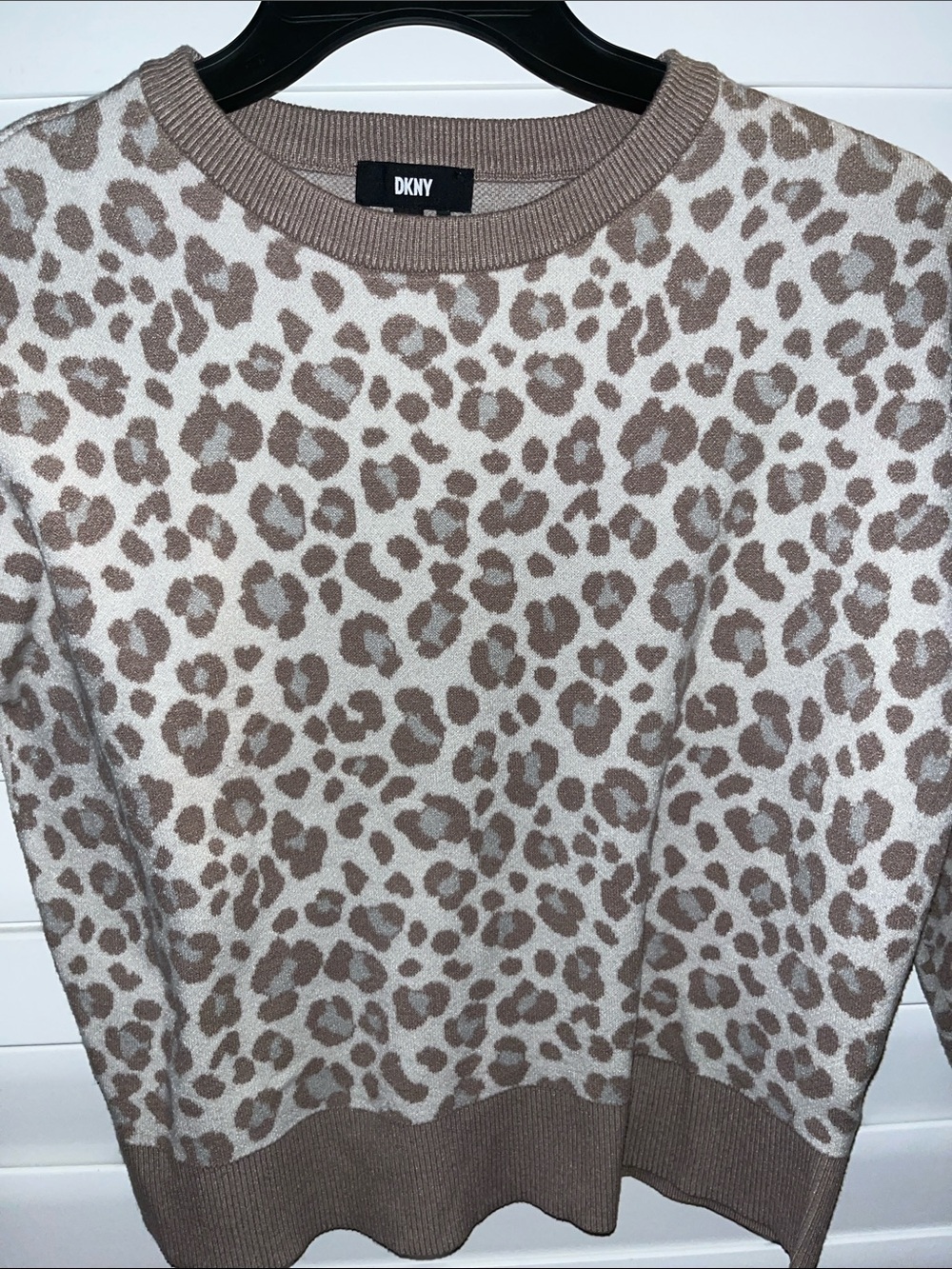 DKNY Taupe and Cream Leopard Crewneck Sweater